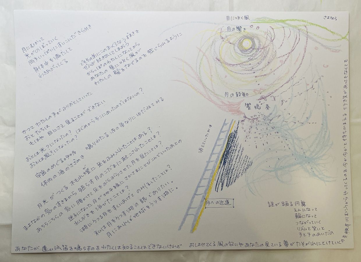 紙の左半分にたくさんの文字、右半分にはいろんな色を使った絵が書かれている